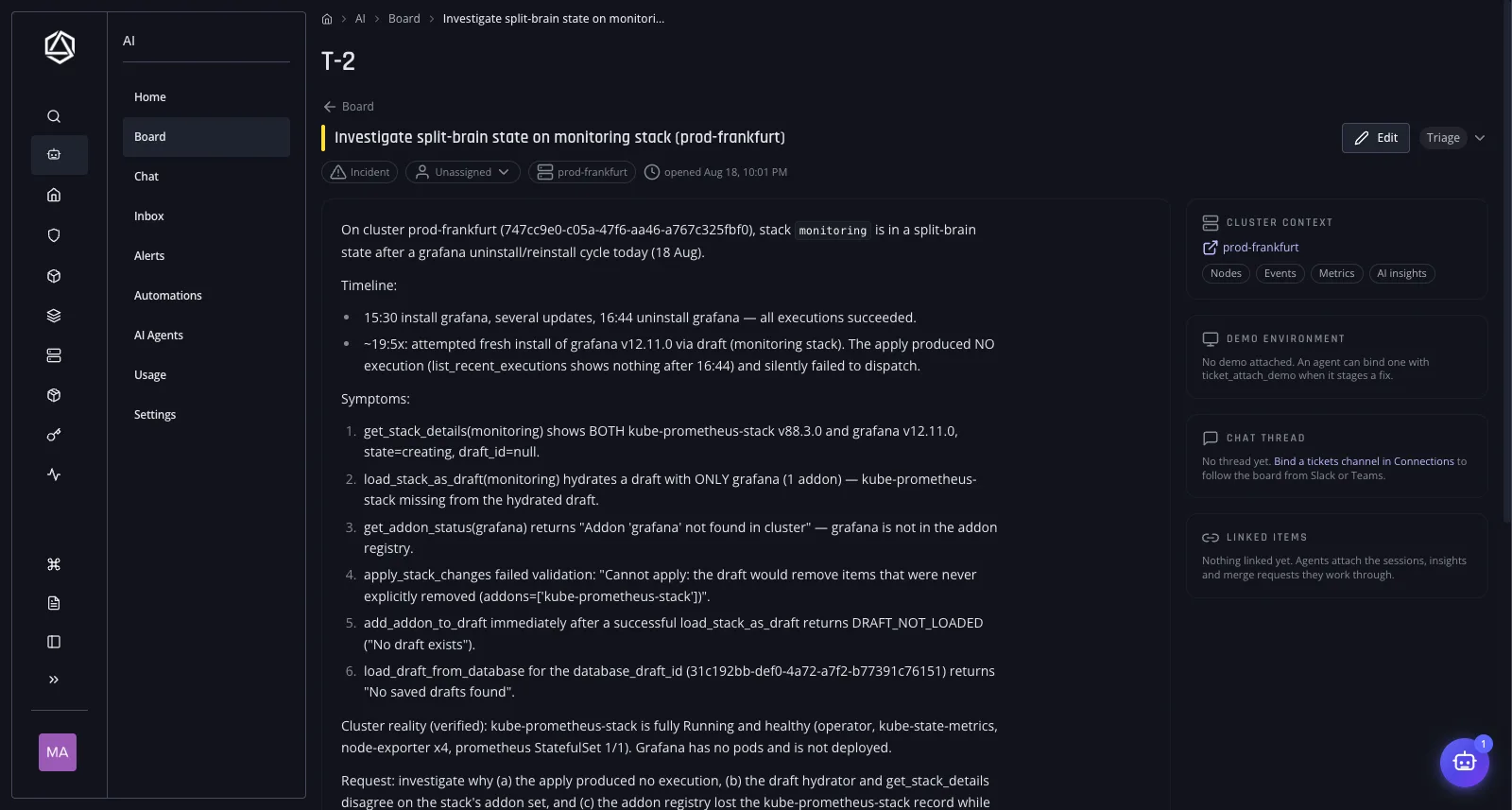 An AI Board incident ticket with a full timeline, symptoms list, and cluster context for a production incident